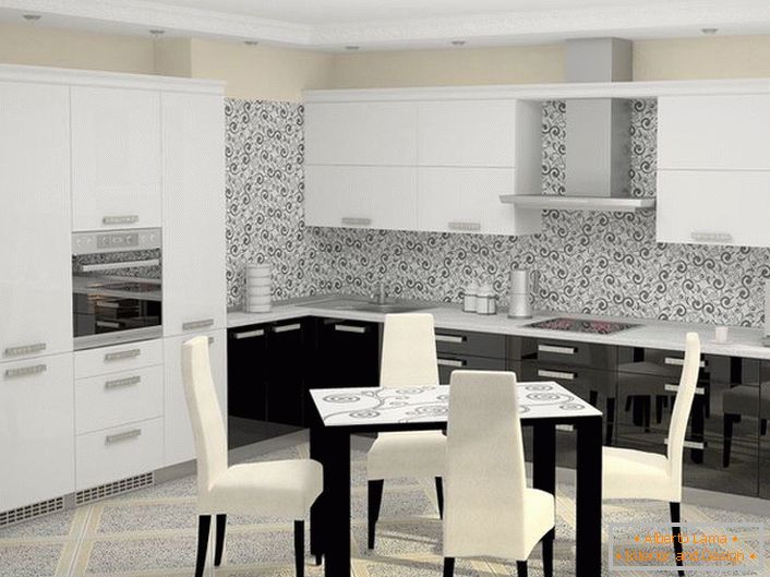Uma cozinha branca e preta, em estilo high-tech, com eletrodomésticos embutidos, parece organicamente no conceito geral de uma ideia de design. 