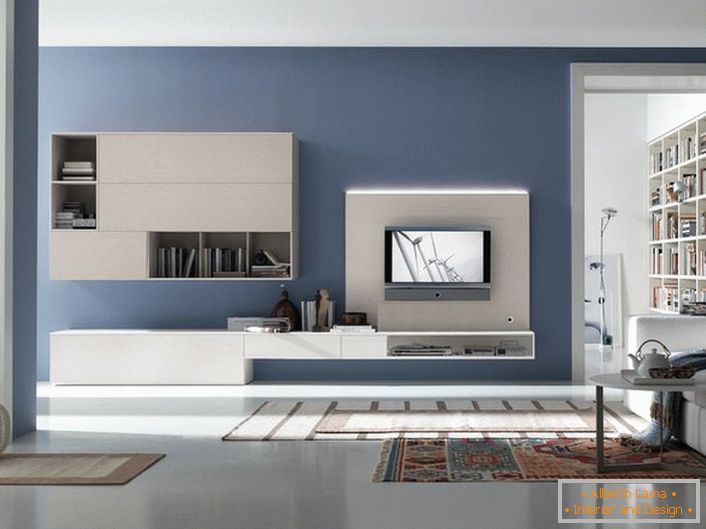 Mobiliário para interior em estilo de alta tecnologia deve ser funcional e elegante. Um monte de escritórios, prateleiras abertas na parte articulada do fone de ouvido para a sala de estar fazem a mobília espaçosa. 