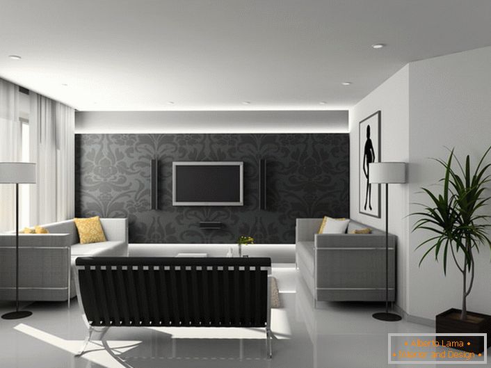 No design dos quartos de hóspedes, no estilo de alta tecnologia, são usadas formas geométricas predominantemente rígidas e tons de cinza.