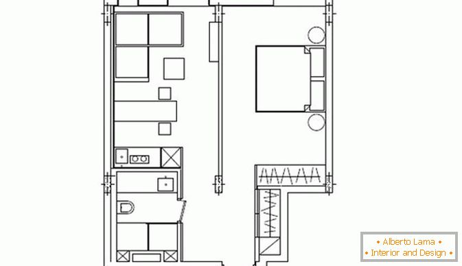 O layout de um pequeno apartamento de um quarto em Kiev