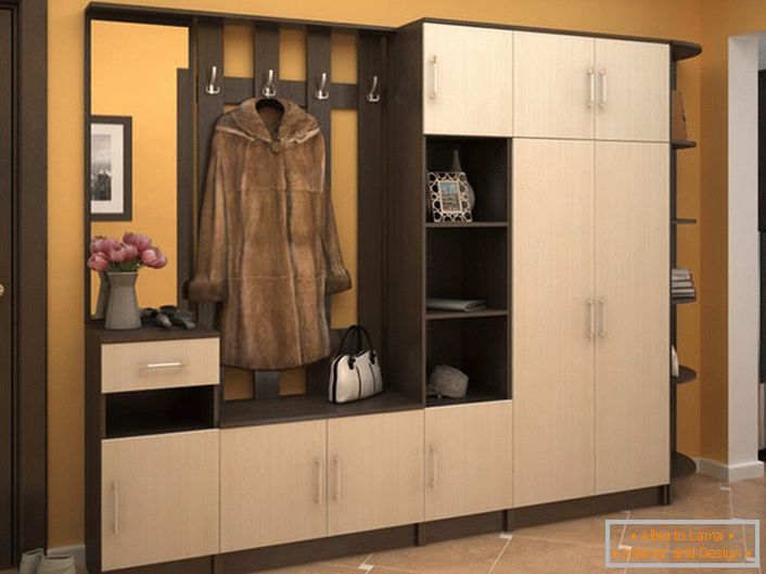 Uma parede modular espaçosa para o corredor permite que você organize funcionalmente o espaço. A aparência atraente do mobiliário irá decorar o interior em qualquer estilo.