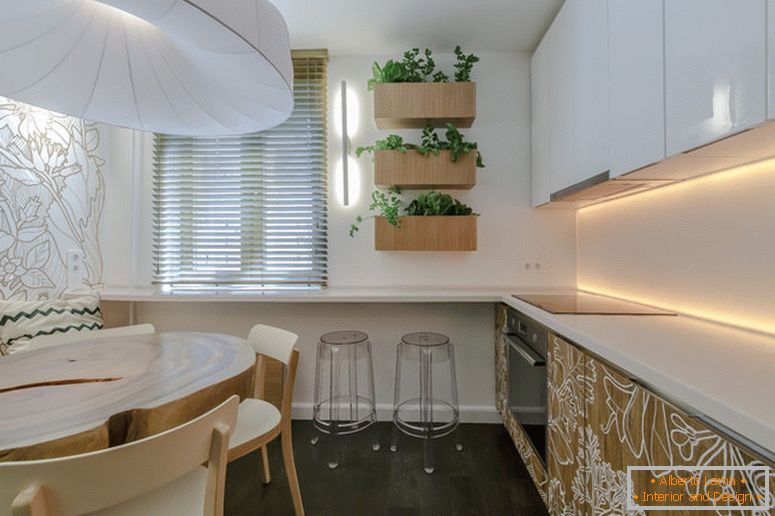 Design criativo de uma cozinha branca e marrom