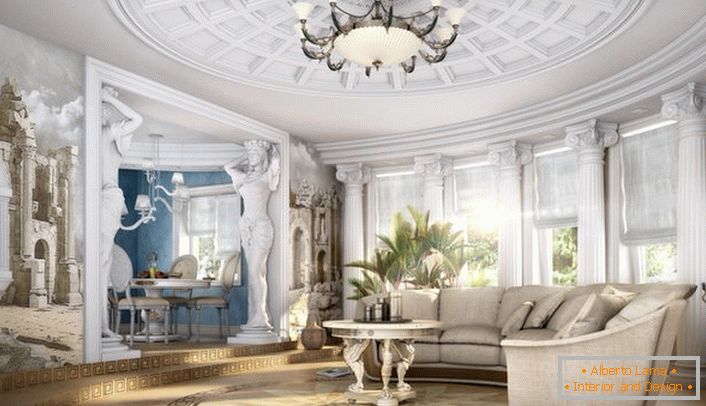 Uma espaçosa sala de estar de estilo neoclássico com mobiliário devidamente selecionado. Clássicos discretos no desempenho moderno.