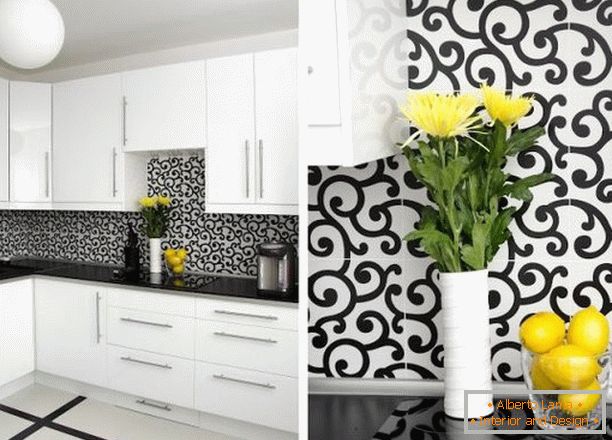 papel de parede preto e branco na cozinha