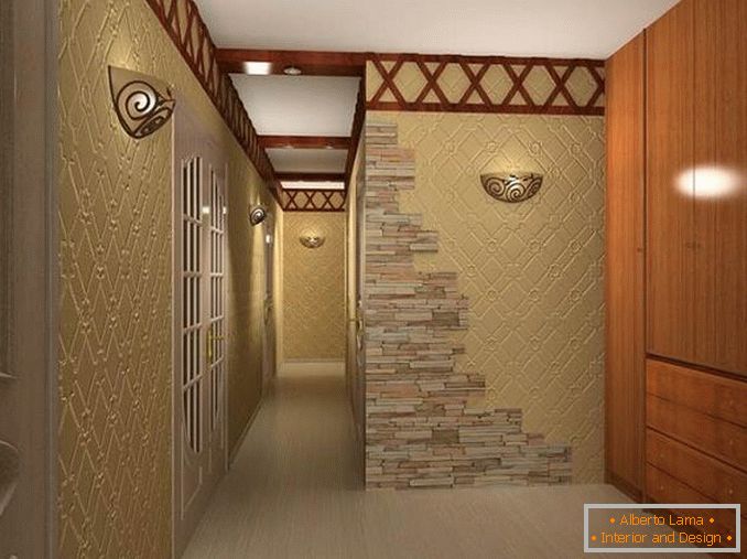 decoração do corredor com pedra decorativa e papel de parede