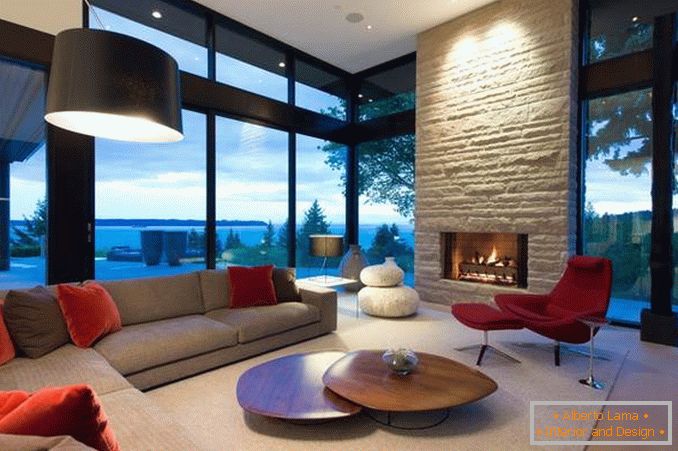 Design de sala de estar com duas janelas de canto