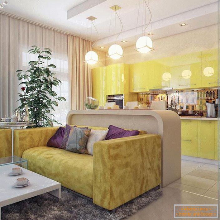 Cozinha-sala é uma excelente solução funcional para o design de um apartamento localizado em uma metrópole moderna. 