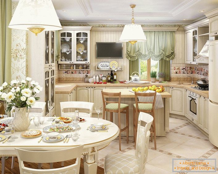 A cozinha, organizada no estilo country, é combinada com a sala de estar. Arranjo correto de acentos leves e decorativos torna o quarto atraente e refinado.