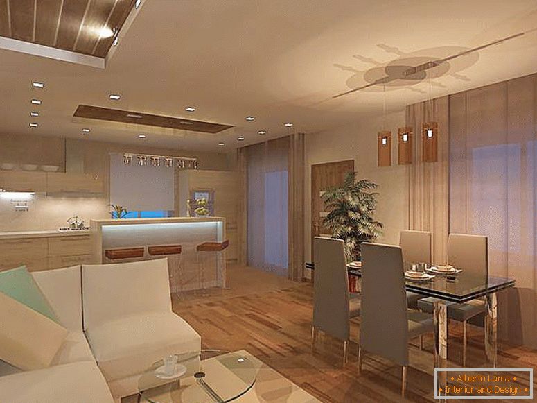 A sala de estar minimalista é combinada com a cozinha. Para o estilo minimalista, o uso de lustres de teto não é típico, a melhor opção é a iluminação LED pontual.