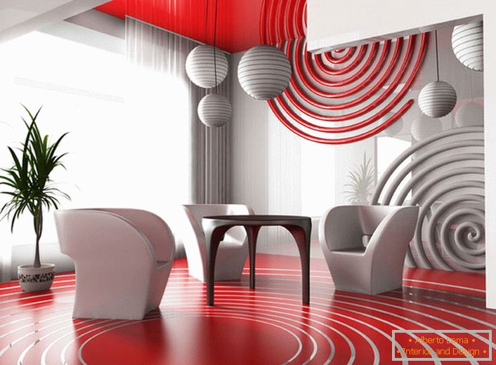 Área de jantar em estilo vanguardista. A combinação de uma cor vermelha brilhante com um cinza neutro parece lucrativa.