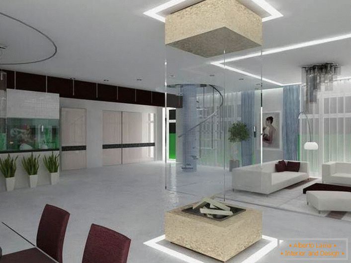 Apartamento estúdio espaçoso em estilo high-tech. O design inovador da lareira completa a imagem geral da intenção do projeto.