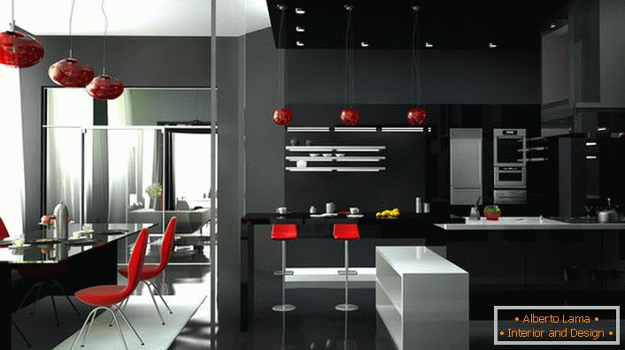 Estúdio elegante com móveis originais de alta tecnologia. A cor vermelha sempre parece no fundo preto e branco do interior.