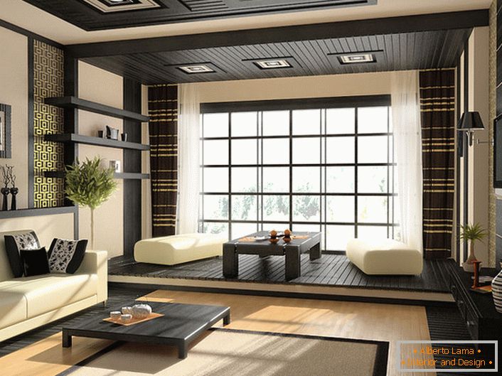 A cor oriental atrai com sua graça. A sala de estar em uma grande casa de campo é decorada no estilo do minimalismo japonês. 