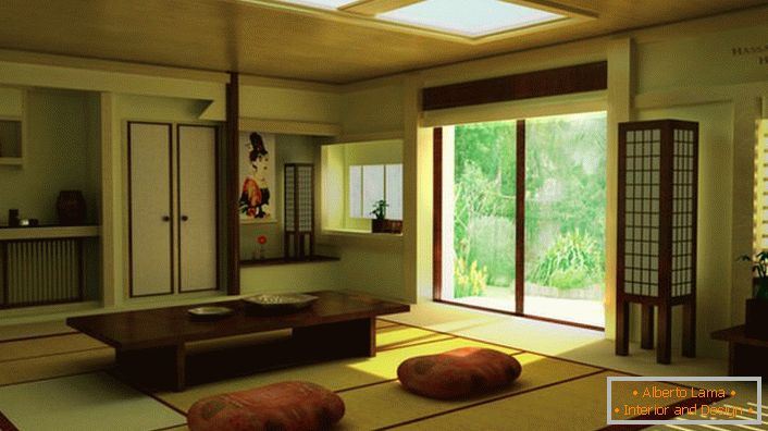 Sobre a presença do minimalismo japonês na sala de estar em uma casa de campo diz o mobiliário certo. Uma mesa baixa é ideal para beber chá em casa. 