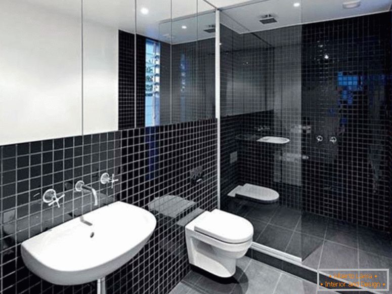 minimalista-interior-decoração-acoplado-com-banheiro-preto idéias-para-banheiro-moderno-mobiliado-com-porcelana-pia-e-parede-torneira-sob-grande-parede-espelho