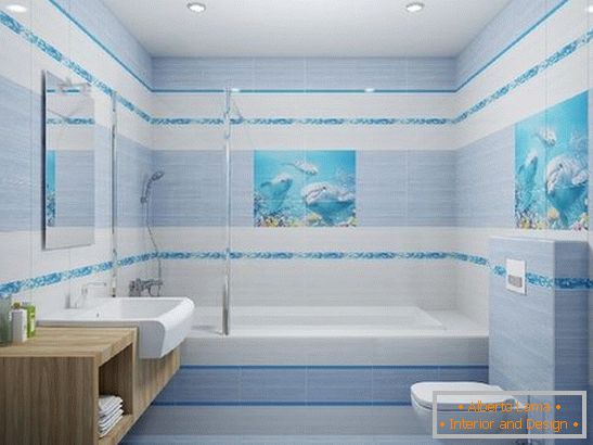 um painel de azulejos no banheiro, foto 1