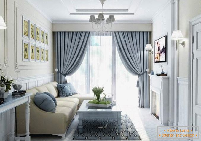 Design da sala de estar com janelas panorâmicas e belas cortinas