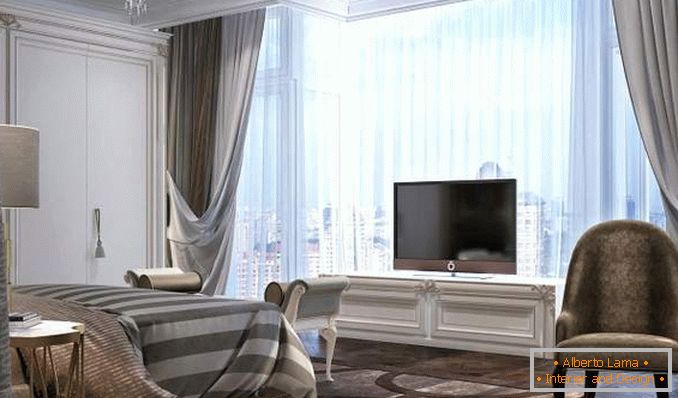 Projeto de um quarto em um apartamento com janelas panorâmicas - foto interior