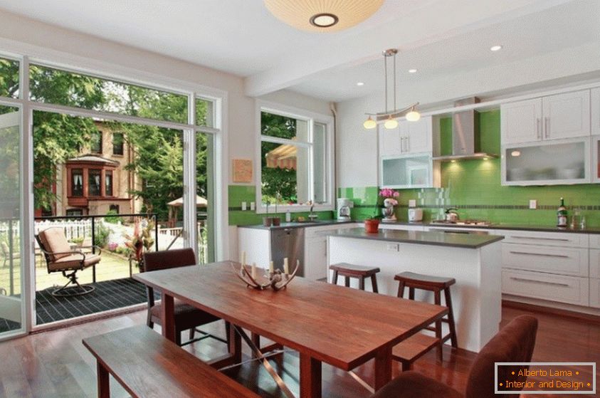 Design de interiores de cozinha em estilo moderno, cores marrom verdes e escuras