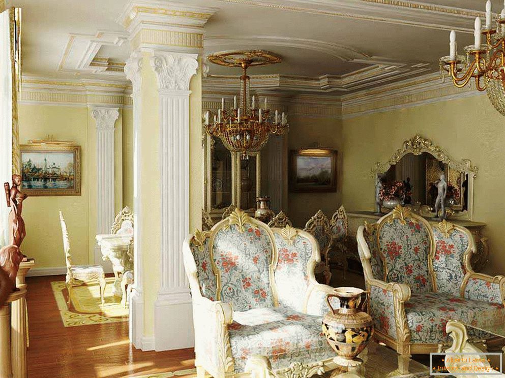 Uma sala de estar barroca com iluminação devidamente selecionada. Também interessantes são as colunas com moldagem de cerâmica.