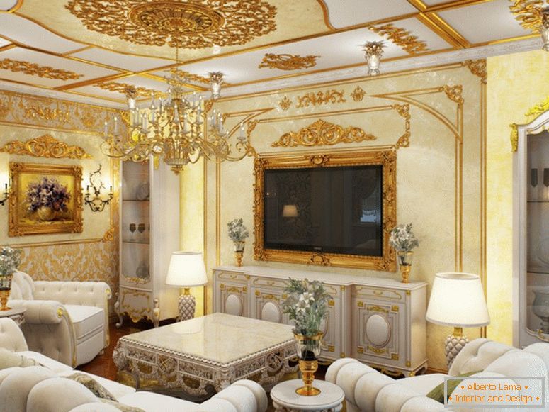 O quarto é decorado com as melhores tradições do estilo barroco.