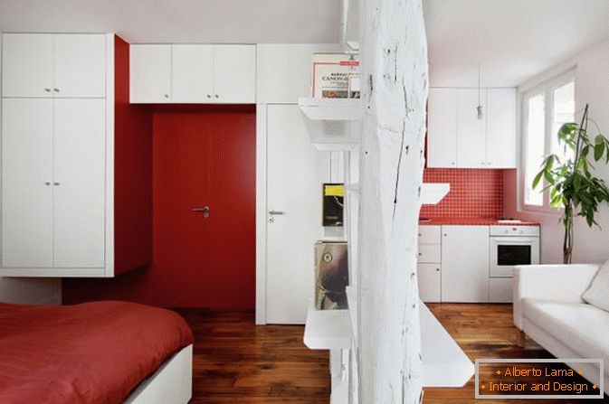 Apartamento estúdio na cor branca e vermelha