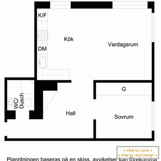 O plano de um pequeno apartamento de um quarto