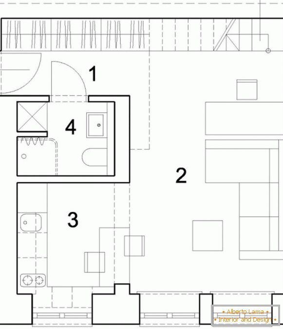 Layout do primeiro nível de um apartamento de dois níveis