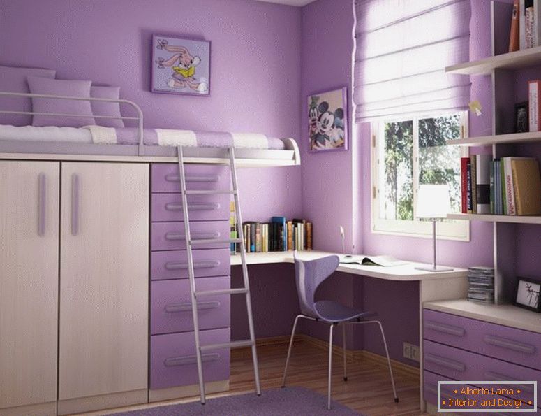 quarto confortável-design-idéia-para-meninas-adolescentes-com-lilás-parede-beliche-cama-com-lilás-gavetas-e-branco-janela-quadro-admirável quarto-design-idéias-para- adolescentes
