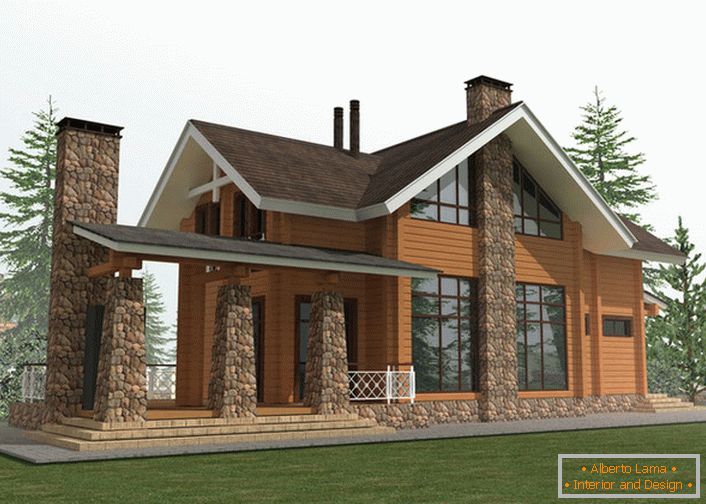 O projeto de design de uma casa de campo no estilo de um chalé é baseado no uso para a construção de uma moldura de madeira e pedra natural.
