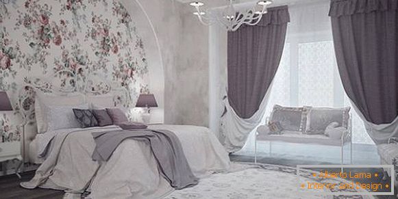 Cortinas lilás modernas no quarto - foto no interior