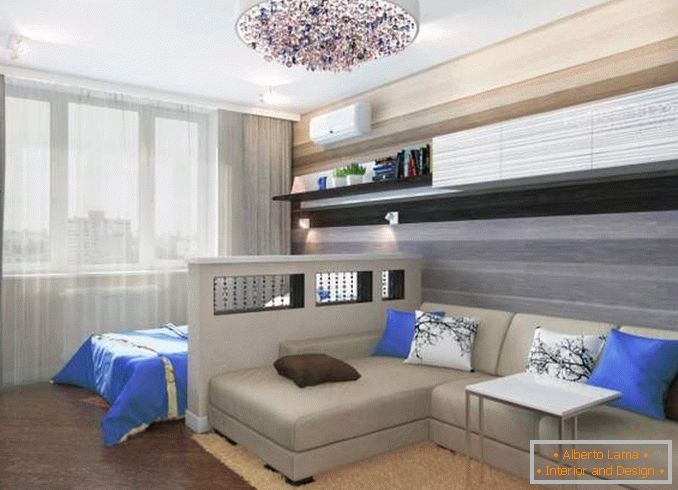 Projeto de um apartamento de dois quartos com quarto de crianças - foto de um quarto combinado da sala de estar