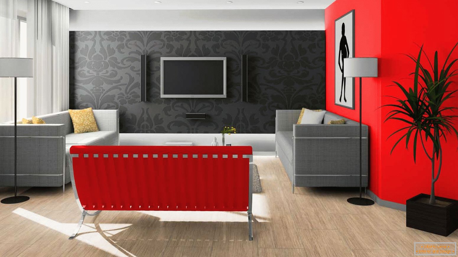 Preto e vermelho no design da sala de estar