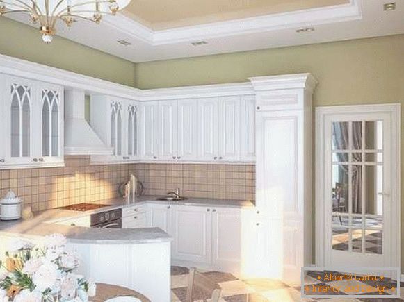 Interior de uma pequena cozinha em uma casa privada - cozinha branca em estilo clássico