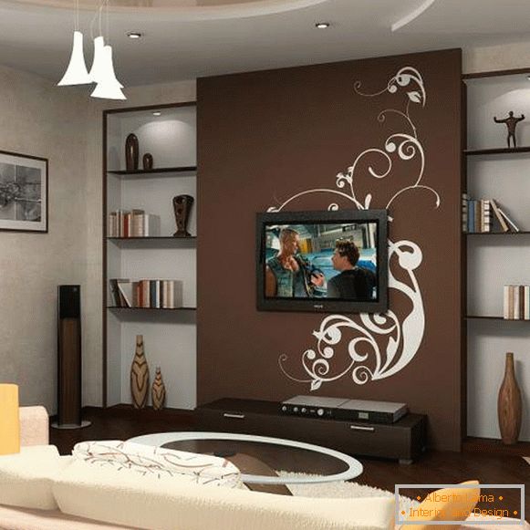 Design moderno do salão no apartamento в коричневом цвете