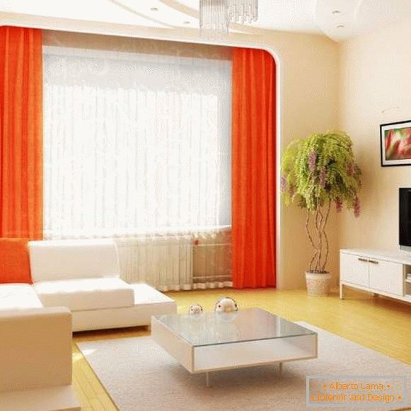 O design do salão em um apartamento em branco com uma decoração laranja