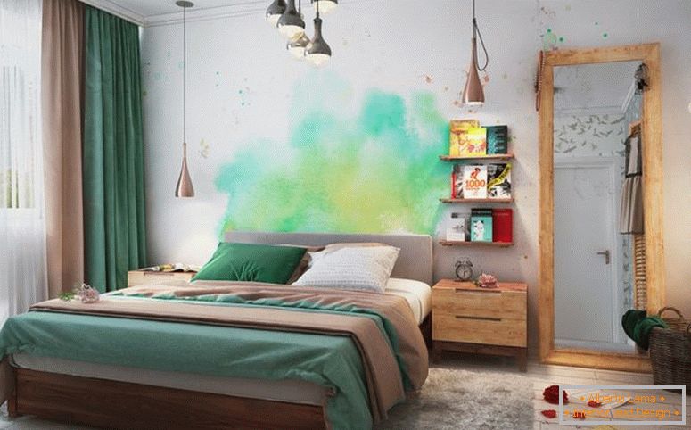quarto-verde-aquarela-parede-arte-estantes-grande-espelho