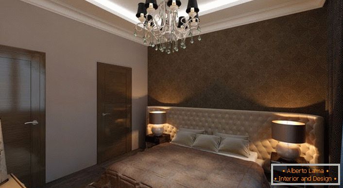 Quarto no estilo Art Deco com a iluminação certa. Luz abafada cria uma atmosfera de privacidade e romance na sala.