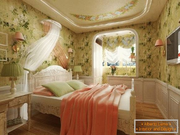 A combinação de cores no interior do quarto Provence - cortinas e papel de parede