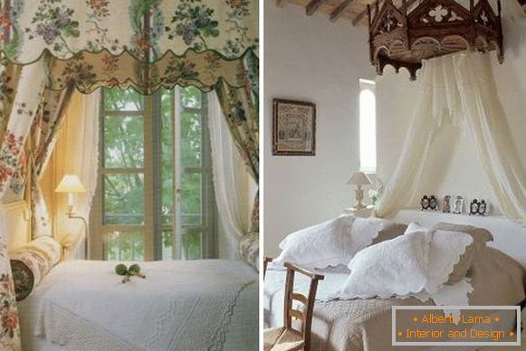 Cama no estilo de uma Provence com um dossel - fotos de idéias