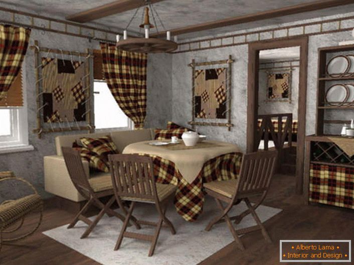 Sala de estar em estilo country. Cortinas, uma toalha de mesa, fronhas sobre almofadas, elementos de um painel de parede são executados a partir do mesmo tipo de tecido em uma gaiola. 