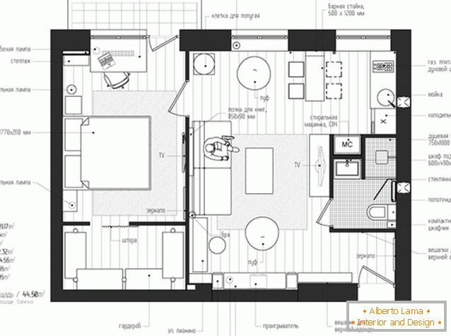 O layout de um apartamento de dois quartos em Moscou