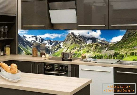 Avental de vidro para a cozinha com uma paisagem - foto no interior