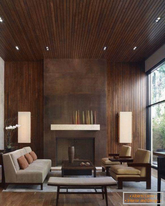 sala de estar com painel de madeira no design