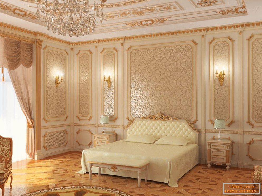 Teto branco e paredes do quarto com padrões de ouro