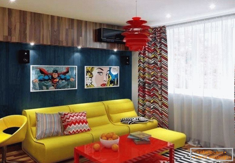 A combinação de móveis amarelos e vermelhos no quarto