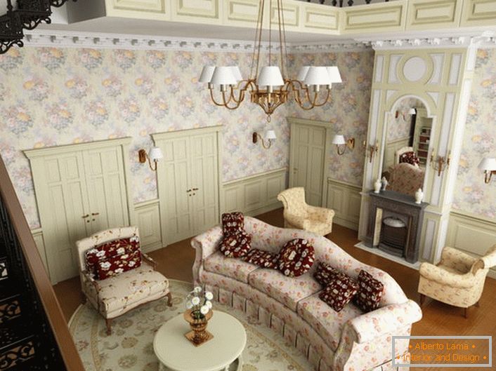 Sala de estar em estilo country no primeiro andar de uma casa grande nos subúrbios. De acordo com o estilo, o mobiliário macio é selecionado a partir de um tecido com um padrão floral.