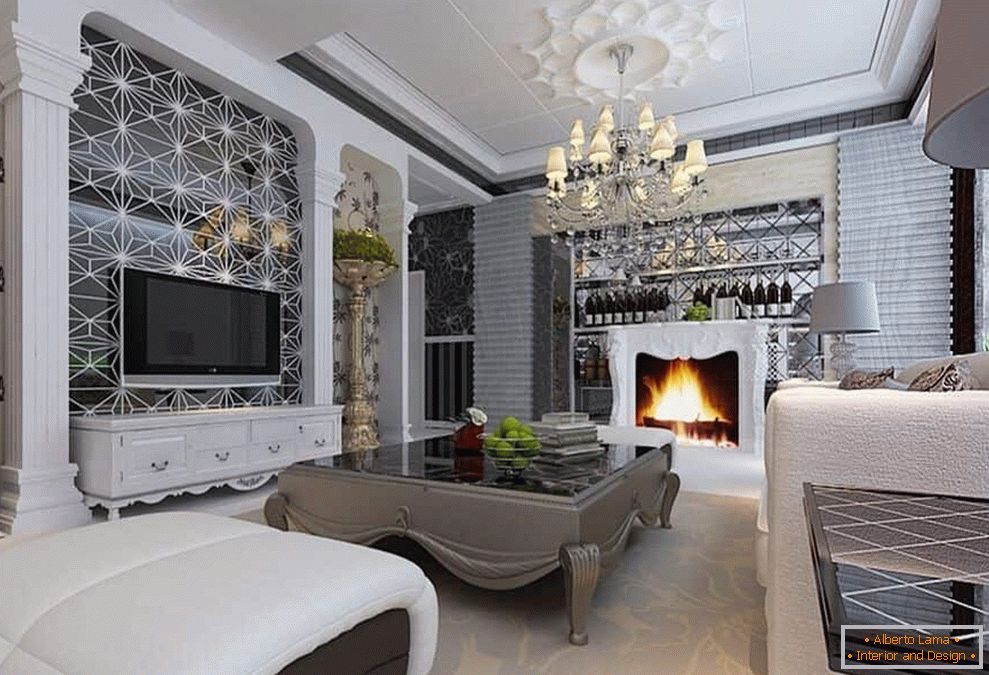Sala de estar com lareira, grande lustre no estilo do clássico moderno