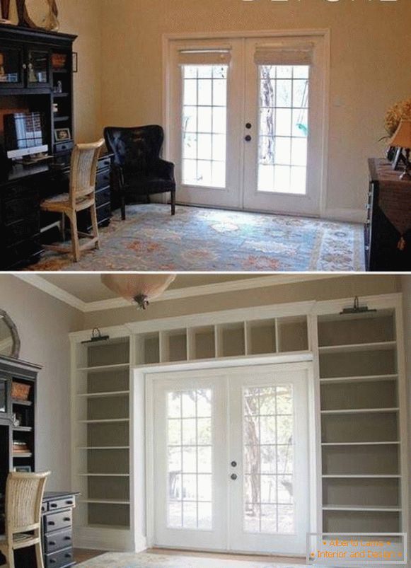 Design de interiores com prateleiras antes e depois
