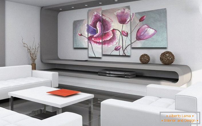 Um bom exemplo de design de interiores em estilo high-tech com o uso de pinturas modulares. 